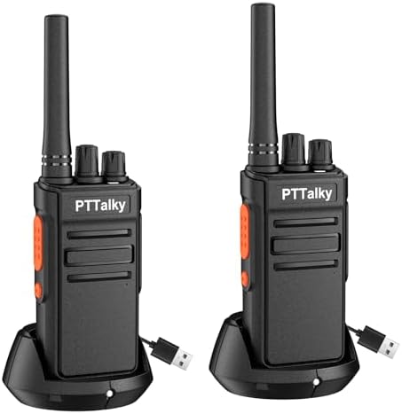 PTTalky FR1 Walkie Talkies for Adults Long Range, Rechargeable 2-Way Radio Walkie Talkie with Charge Cable Charger Dock for Hunting Commercial Cruises (2 Pack)