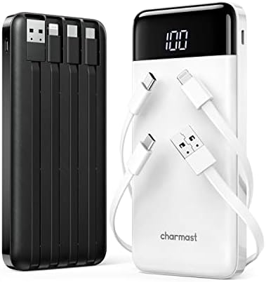 Charmast 2 Pack of Portable Chargers with Built in Cables, 2PCS Slim 10000mAh Travel Essentials Battery Pack 6 Outputs 3A Power Banks for iPhone Samsung Pixel LG Moto iPad (Black + White)