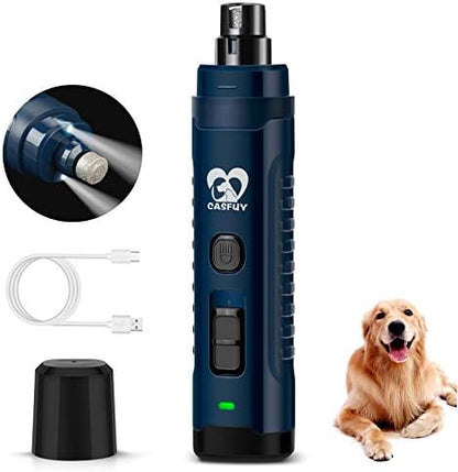 Casfuy Dog Nail Grinder with 2 LED Light for Large Medium Dogs - 3X More Powerful 2-Speed Electric Pet Nail Trimmer Rechargeable Quiet Painless Paws Grooming & Smoothing Tool