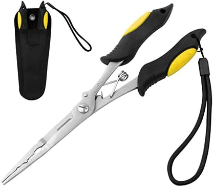 Fishing Pliers Stainless Steel Hook Remover Braid Cutter Rustproof Saltwater Split Ring Pliers Fishing Multi-Tools with Sheath and Lanyard