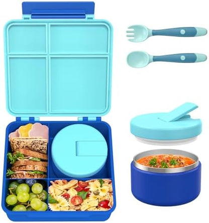 Bento Lunch Box for Kid with 7oz Soup Jar, Leak-Proof Lunch Box with Cutlery, 4-Compartments Lunch Container for School Outdoors Office