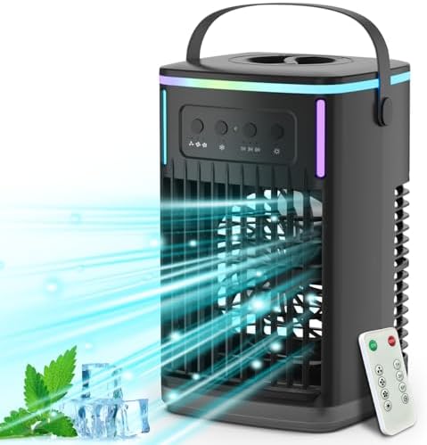Portable Air Conditioners Fan with Remote, 4-in-1 Portable AC with 1500ml Water Tank, 3 Wind Speeds, 6H Timer, 2 Cool Mist, 7 Lights, Personal Mini Air Conditioner for Room Bedroom Office (Black)
