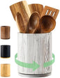 Wooden Utensil Holder | Rotating Utensil Organizer | Kitchen Counter Storage Crock | Farmhouse Countertop Decor | Cooking Utensil Stand - PuriLite