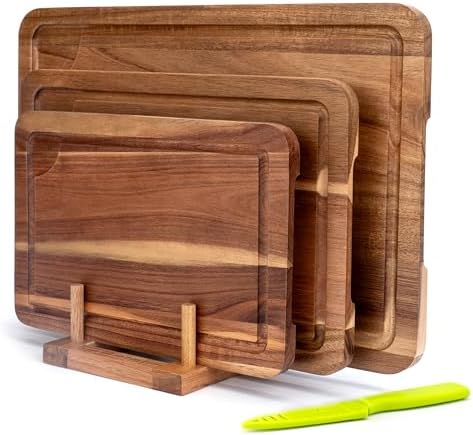 Bamboo Cutting Board for Kitchen, Bamboo Cutting Board Set of 3 with Juice Groove, Double-Sided Chopping Board Serving Board with Hanging Hole for Meat, Vegetables and Cheese