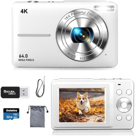 4K Digital Camera for Photography, 64MP Autofocus Vlogging Cam for YouTube, Anti-Shake, 3.0'' LED Screen, 18X Zoom, Pink Point and Shoot Digital Camera for Teens Adult Beginner, 32GB TF Card