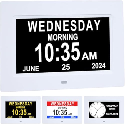 [2025 Newest] Digital Day Calendar Clocks 3 Medicine Reminders Extra Large 8 Inch Non-Abbreviated Day Date Month Dementia Senior Clock for Eldarly Memory Loss Vision Impaired Clock