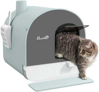 PawHut Large Cat Litter Box with Lid, Enclosed Kitty Litter Box with Slide-Out Tray, Scoop, Filter, Green