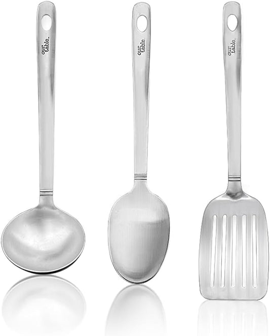 Our Table 3 Pieces Cook & Serve Stainless-Steel Utensils Set,Kitchen Soup Ladle,Cooking Spoon,Slotted Turner Spatula for Serving Your Favorite Meals