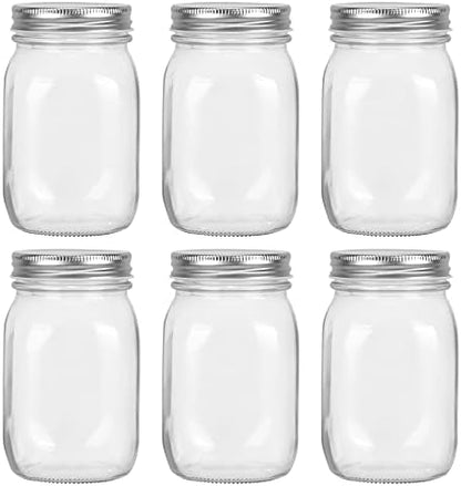 16oz Mason Jars with Airtight Screw Lids, 6 Pack 500ml Storage Glass Jars for Fruits,Jams,Drink Favors,Spice,Baby Foods,DIY Candles