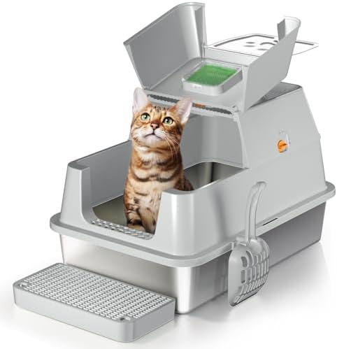 Eosarcu Stainless Steel Cat Litter Box with Lid, 180° Flip-Top XL Extra Large Enclosed Litter Box, Covered Metal High Sided Litter Pan with Steps & Scoop, Easy Cleaning, Odor Control,Non-Sticky-Black