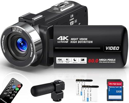 6K Camcorder Video Camera HD 64MP IR Night Vision Vlogging Camera for YouTube 18X Digital Zoom 4.0 Inch Touch Screen Video Camera with WiFi, Microphone, Stabilizer, Remote Control, 64GB SD Card