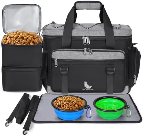 IGOLUMON Dog Travel Bag Weekend Pet Travel Bag Set for Supplies Large Dog Camping Kit Airline Approved Tote Organizer with Multi Pockets, 2 Large Food Containers, 2 Dog Bowls, 1 Feeding Mat