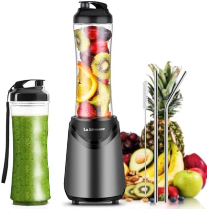 La Reveuse Smoothie Blender Personal Size 300 Watts with 2 Pieces 18 oz BPA-Free Travel Sports Bottles,Grey