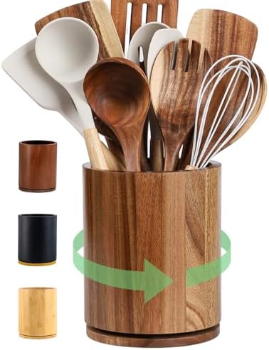 Wooden Utensil Holder | Rotating Utensil Organizer | Kitchen Counter Storage Crock | Farmhouse Countertop Decor | Cooking Utensil Stand - PuriLite