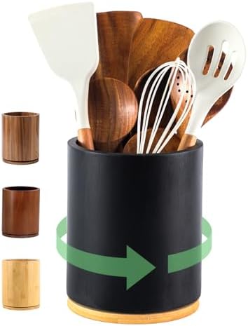 Wooden Utensil Holder | Rotating Utensil Organizer | Kitchen Counter Storage Crock | Farmhouse Countertop Decor | Cooking Utensil Stand - PuriLite