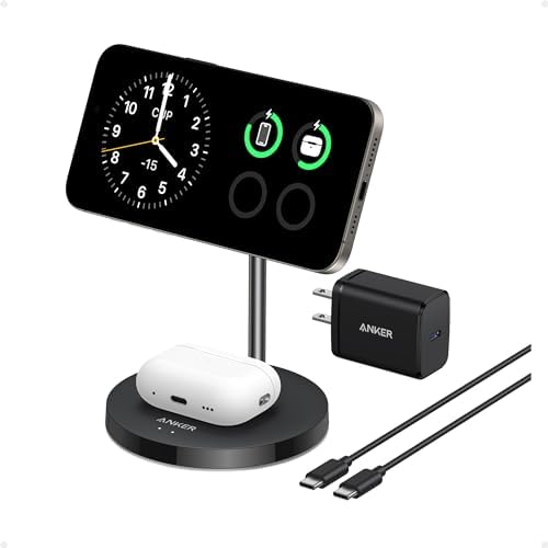 Anker MagSafe Compatible MagGo Charger Stand, iPhone 16 Wireless Charger, 2-in-1 Charging Station, Qi2 Certified 15W Max Charging, for iPhone 16/15/14/13/12, AirPods Pro (White, with 40W Adapter)