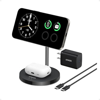 Anker MagSafe Compatible MagGo Charger Stand, iPhone 16 Wireless Charger, 2-in-1 Charging Station, Qi2 Certified 15W Max Charging, for iPhone 16/15/14/13/12, AirPods Pro (White, with 40W Adapter)