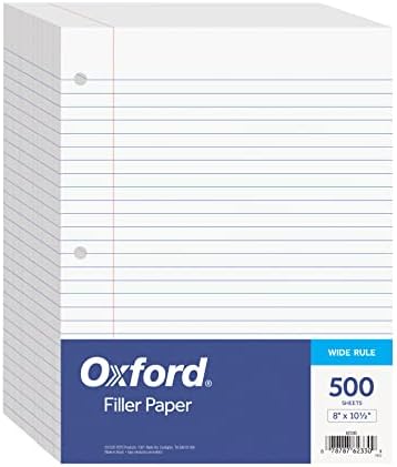 Oxford Filler Paper, 8" x 10-1/2" Wide Ruled Paper, 3 Hole Punch, Loose Leaf Notebook Paper for 3 Ring Binders, 500 Sheets, White, for School, Office
