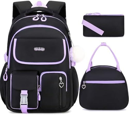 3PCS School Backpack for Girls with Lunch Box Pencil Pouch for Teen Girls Children Elementary Primary Middle High College Daypack School bag Bookbag Set Pink