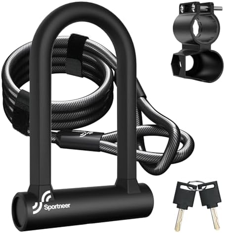 Sportneer Bike Lock: 17mm Heavy Duty Bike U Lock - High-Security Anti-Theft with 12mm x1.5m Steel Cable, 8''x5'' Compact Design, Includes Mounting Bracket for Mountain/Road/Folding/Electric Bikes