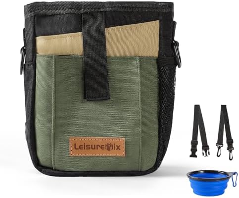 Dog Treat Pouch with Collapsible Bowl & Zippered Pockets Hands-Free Training Treat Pouch Bag for Dogs Waterproof Pet Waist Bag, Adjustable Strap Training, Hiking, Outdoor Use (Black & Olive Green)