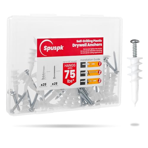Spuspk #8 Self Drilling Drywall Anchors,120Pcs Wall Anchors and Screws for Drywall, 60 Self-Tapping/Threaded Plastic Sheetrock Anchors + 60#8 x 1-1/4'' Screws, 75LB Hanging and Mounting