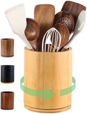 Wooden Utensil Holder | Rotating Utensil Organizer | Kitchen Counter Storage Crock | Farmhouse Countertop Decor | Cooking Utensil Stand - PuriLite