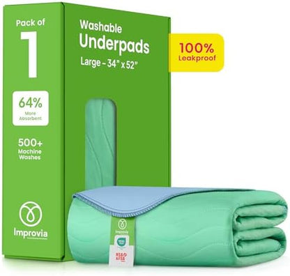 IMPROVIA® Washable Underpads, 34" x 36" (Pack of 4) - Heavy Absorbency Reusable Bedwetting Incontinence Pads for Kids, Adults, Elderly, and Pets - Waterproof Protective Pad for Bed, Couch, Sofa, Floor
