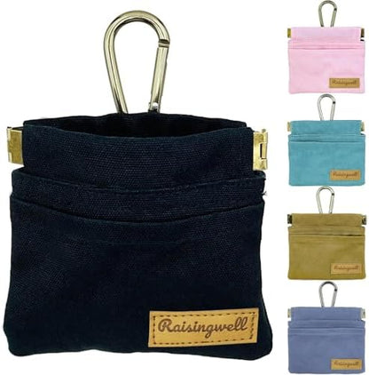 Raisingwell Dog Treat Pouch, Black Pocket Sized Pet Training Pouch, Cotton Fabric, Hand Free Dog Walking Bag with Carabiner, Self-Closing Pet Feed Snack Reward, for Pet Puppy Travel or Outdoor Use