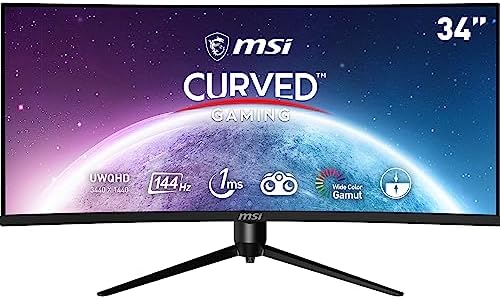 MSI Optix MAG342CQR 1500R Curvature 21:9 Aspect Ratio Narrow Bezel 1ms 3440x1440(UWQHD) 144Hz Refresh Rate Tilt/Swivel/Height/Pivot Adjustment 34" AMD Freesync Gaming Curved Monitor, Black, Pack of 1