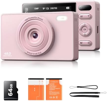 64GB Digital Camera for Kids Photography: 48MP Mini Camera Anti Shake 1080P Video Camera Autofocus 16X Zoom Anti Shake Point and Shoot Camera 2 Batteries Gift for Kid Student Beginner Black