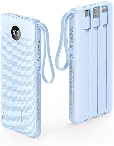 VRURC 10000mAh Power Bank Built-in Cables, Portable Charger with LED Display, Slim Intelligent Travel Battery Pack with Cords, 5 Output Dual Input Phone Charger for Cell Phone Smart Devcies-Blue