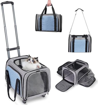 Pet Carrier Airline Approved on Wheels - Two Sided Expandable Cat Soft Carrier for Puppy and Cats Under 26lbs, Rolling Cat Carrier for Airplane, Camping, Outdoor(Pink)