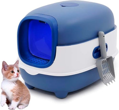 Ultra Large Fully Enclosed Cat Litter Box,Self Cleaning Cat Litter Tray for Cats with Automatic Anti-Sand Cage,Easy to Clean,Deodorize,Splash Proof Litter Box with Lid,55x38x36cm (Blue)