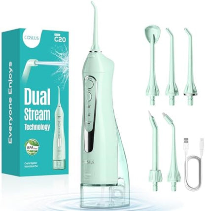 COSLUS Water Teeth Flosser: 300ML Cordless Electric Water Tooth Flossing Rechargeable IPX7 Waterproof Portable Travel Flossers Set for Teeth