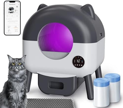 Self-Cleaning Cat Litter Box, Extra Large 110L Automatic Litter Box, App Control-No Scoop, Odor-Free, Large Electric Kitty Litter-Boxes for Multi-Cat, Includes Mat, 2 Garbage Bags