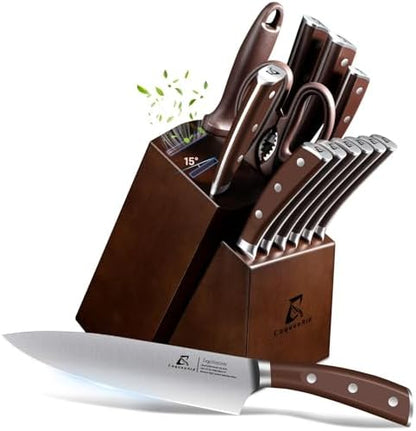 Knife Set with Block, Kitchen Chef Knives Set with Sharpener, Stainless Steel Knife Block Set, 6 Pcs Steak Knife Set Serrated, German Dishwasher Safe, Beveled Design Brown 15 Pieces