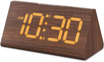 Odokee Wooden Digital Alarm Clock for Bedroom: Electric Desk Clock with Large LED Display - Brown