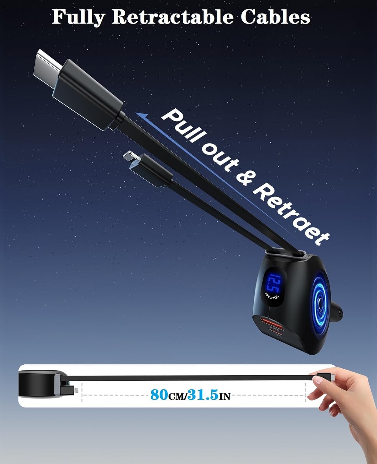 69W Retractable Car Charger 4-In-1 Fast Charging Adapter with Dual Retractable Cables, USB-C PD and USB-A Ports, Voltage Display for 12V–24V Vehicles