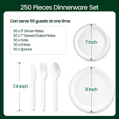 250 PCS Disposable Paper Plates with Cutlery Set 100% Compostable and Heavy Duty Paper Plates Set Include 7&9 Inch Plate, Forks, Knives and Spoons Dinnerware Set for 50 Guests