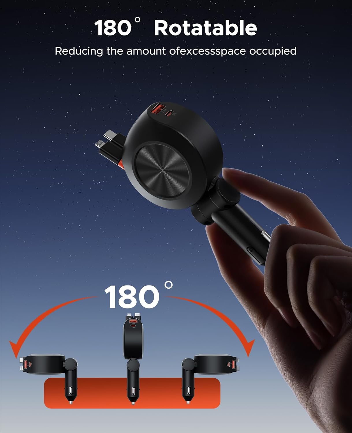 69W Retractable Car Charger 4-In-1 Fast Charging Adapter with Dual Retractable Cables, USB-C PD and USB-A Ports, Voltage Display for 12V–24V Vehicles