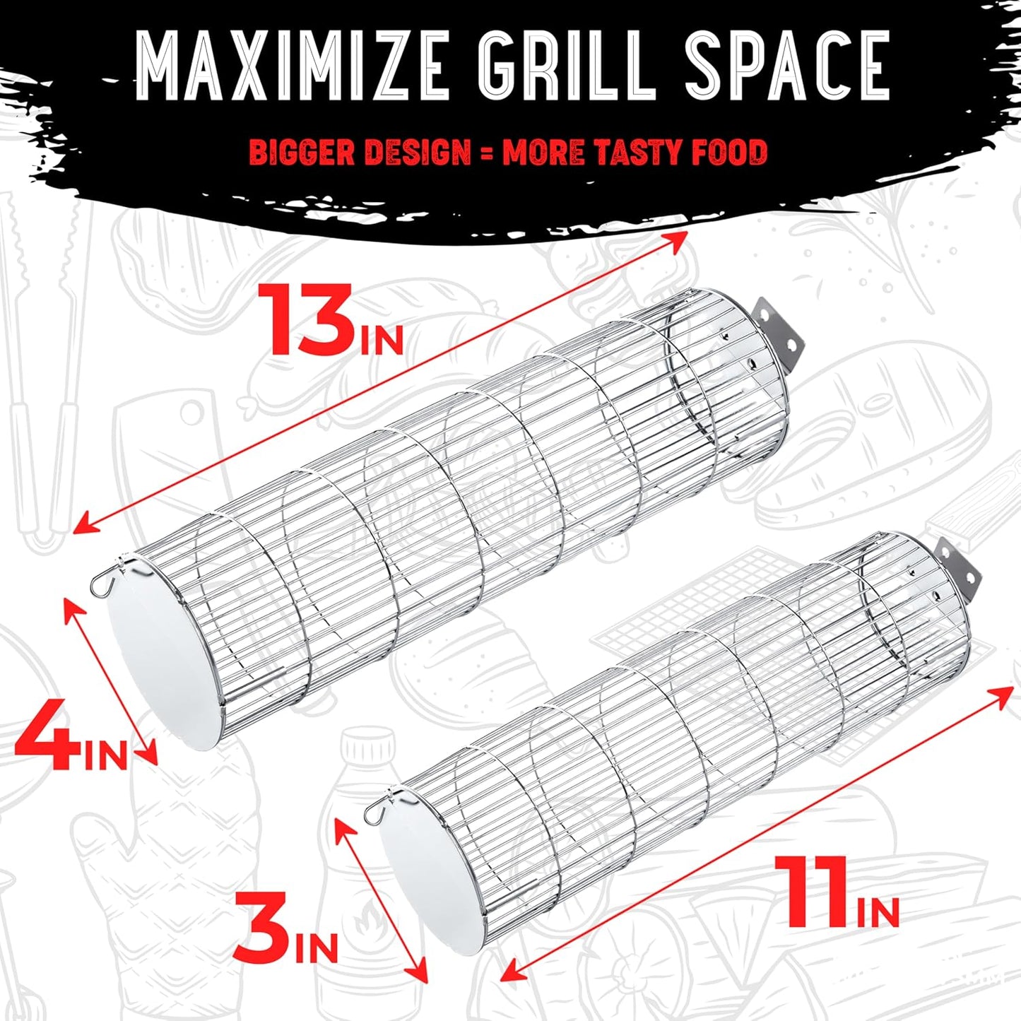 Rolling Grill Basket with Side-Opening Design – Extra Sturdy Stainless Steel Cylinder BBQ Grill Basket for Fish & Vegetables