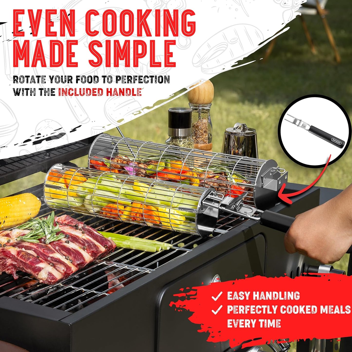 Rolling Grill Basket with Side-Opening Design – Extra Sturdy Stainless Steel Cylinder BBQ Grill Basket for Fish & Vegetables