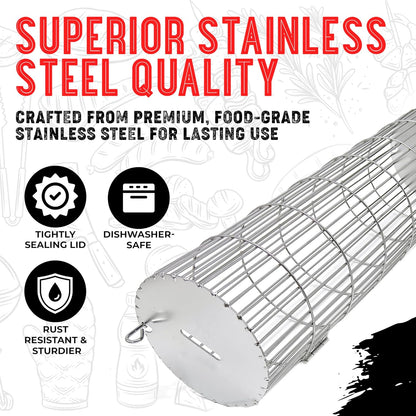 Rolling Grill Basket with Side-Opening Design – Extra Sturdy Stainless Steel Cylinder BBQ Grill Basket for Fish & Vegetables