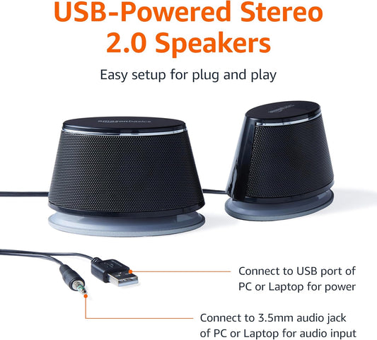 Amazon Basics Stereo 2.0 Speakers for PC or Laptop, 3.5mm Aux input, USB-Powered, 1 Pair, Black - PuriLite
