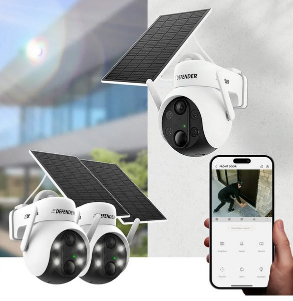 Defender Solar Powered 4K AI EverWatch PTZ Wireless Camera 2-Pack – 360° AI Security with Solar Power - PuriLite