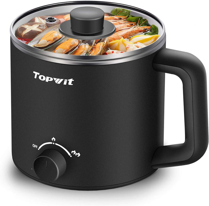 Topwit Hot Pot Electric, Electric Pot, 1.6L Ramen Cooker, Multifunctional Electric Cooker for Pasta, Shabu-Shabu, Oatmeal, Soup and Egg with Over-Heating Protection, Boil Dry Protection, Black