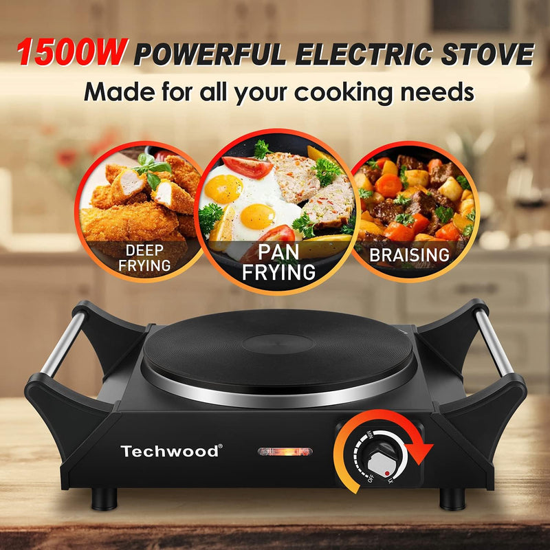 Techwood Hot Plate Electric Single Burner Portable Burner, 1500W with Adjustable Temperature, Stay Cool Handles, Non-Slip Rubber Feet, Black Stainless Steel Easy to Clean, Upgraded Version