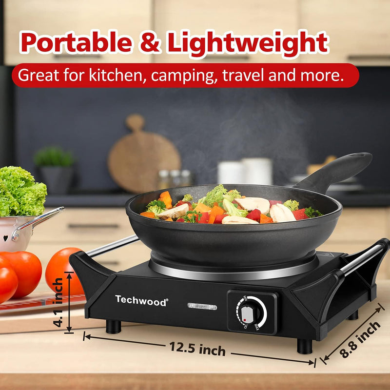 Techwood Hot Plate Electric Single Burner Portable Burner, 1500W with Adjustable Temperature, Stay Cool Handles, Non-Slip Rubber Feet, Black Stainless Steel Easy to Clean, Upgraded Version