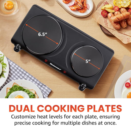 Elite Gourmet EDB-302BF# Countertop Double Cast Iron Burner, 1500 Watts Electric Hot Plate, Temperature Controls, Power Indicator Lights, Easy to Clean, Black - PuriLite